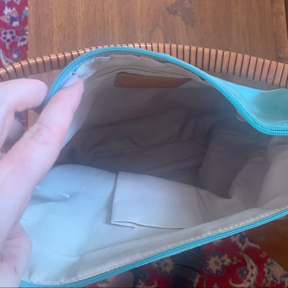 Fossil Teal Suede Handbag with Wooden Handle - Picture 3 of 6